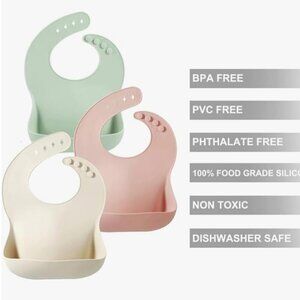 PandaEar Silicone Baby Bibs Set of 3 Green Beige Pink
